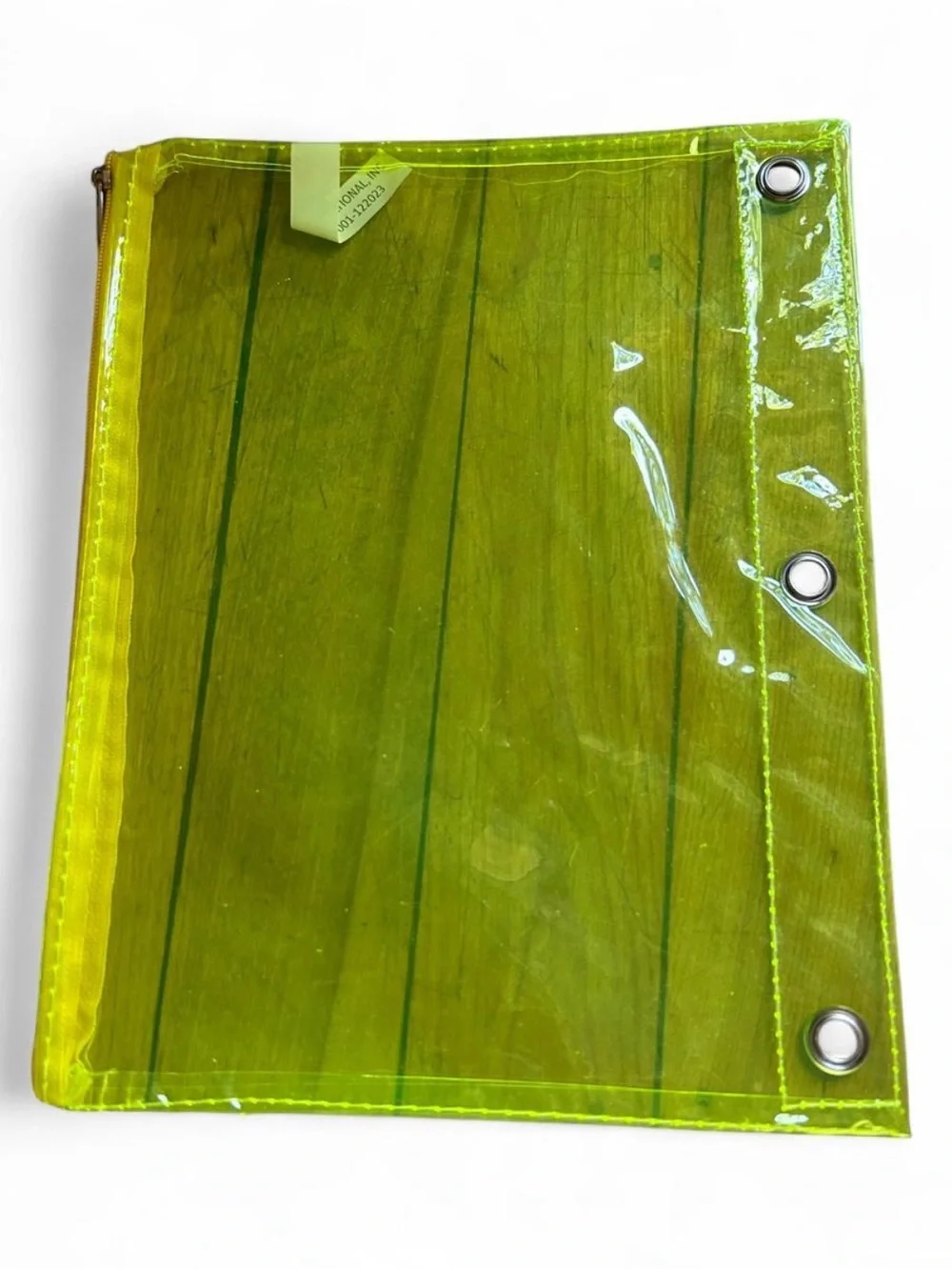 Clear Neon Lime Vinyl Zipper Pouch with Binder Holes